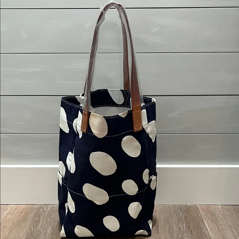 Donna Gorman Polka Dot Hand Painted Leather handled Tote Bag - Navy and White